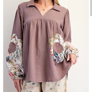 Easel Mauve Blouse with Floral Sleeves